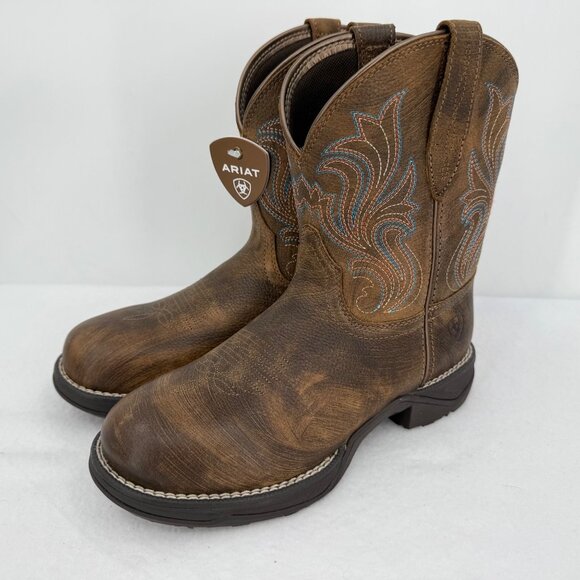 NWOB Ariat Womens Brown Leather Western Shortie Boots US 6.5B Oil/Slip Resistant - Picture 6 of 13